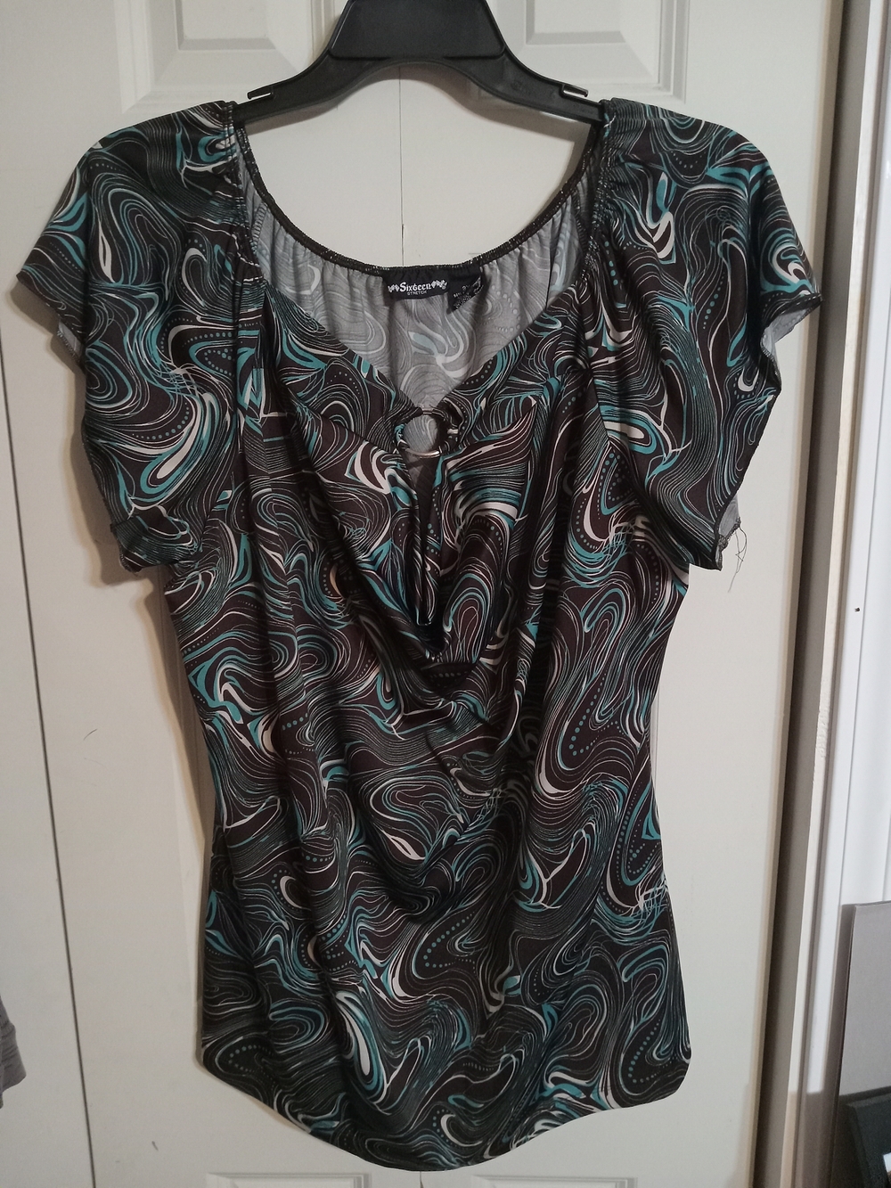 Sixteen Brown,Teal, and White Swirl Short Sleeve Blouse